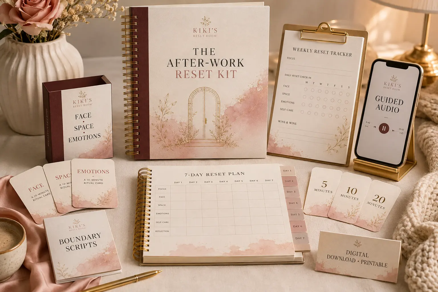 The After-Work Reset Kit styled as a spiral workbook, seven-day reset plan, guided audio, ritual cards, boundary scripts, and weekly tracker