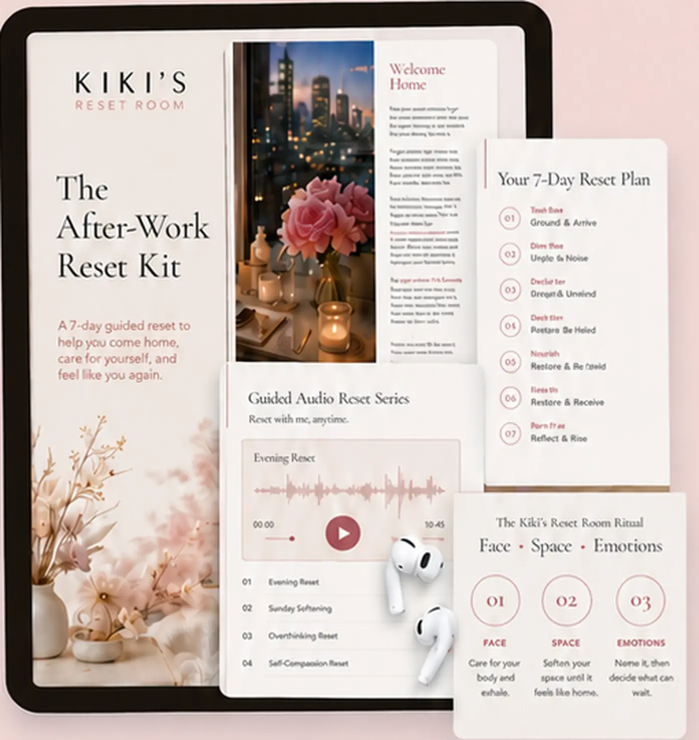 Kiki’s After-Work Reset Kit with a seven-day plan, guided audio reset series, and Face, Space, and Emotions ritual card