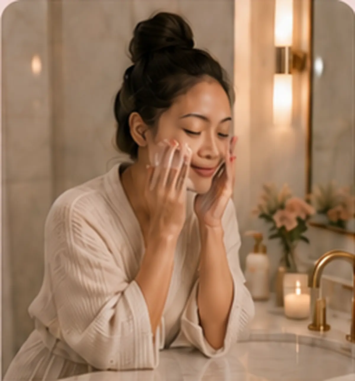 An Asian woman gently washing her face during a calm evening skincare ritual