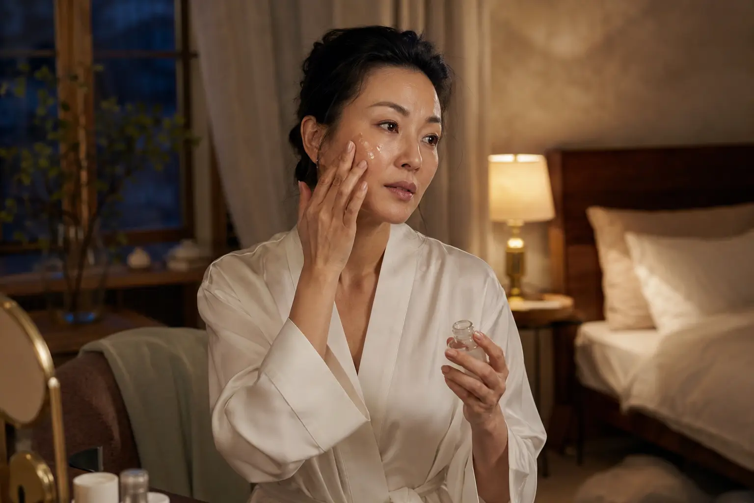 An Asian woman in a white silk robe applying moisturizer during an evening skincare ritual at home