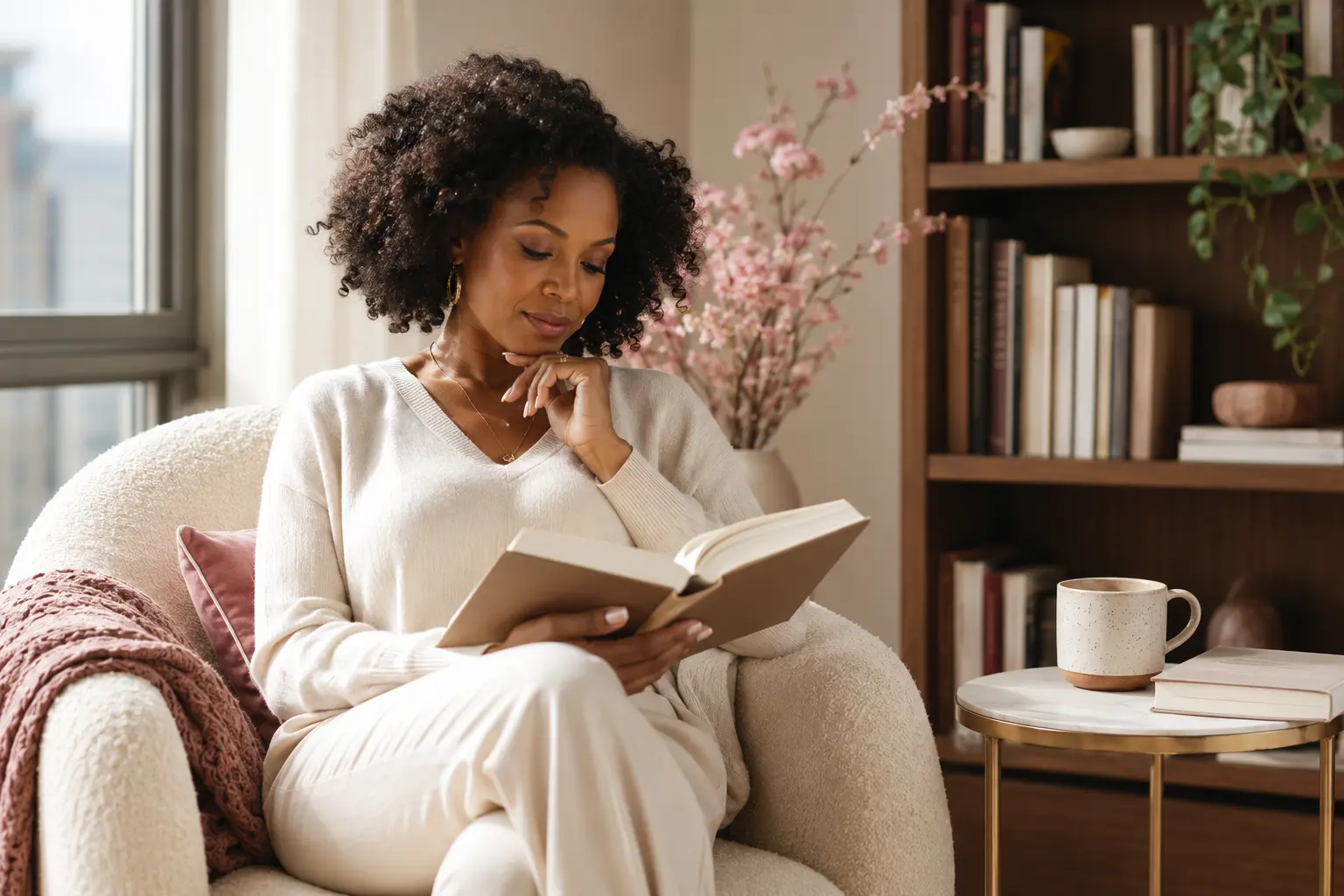 Woman reading quietly in a sunlit cream and rose reading nook