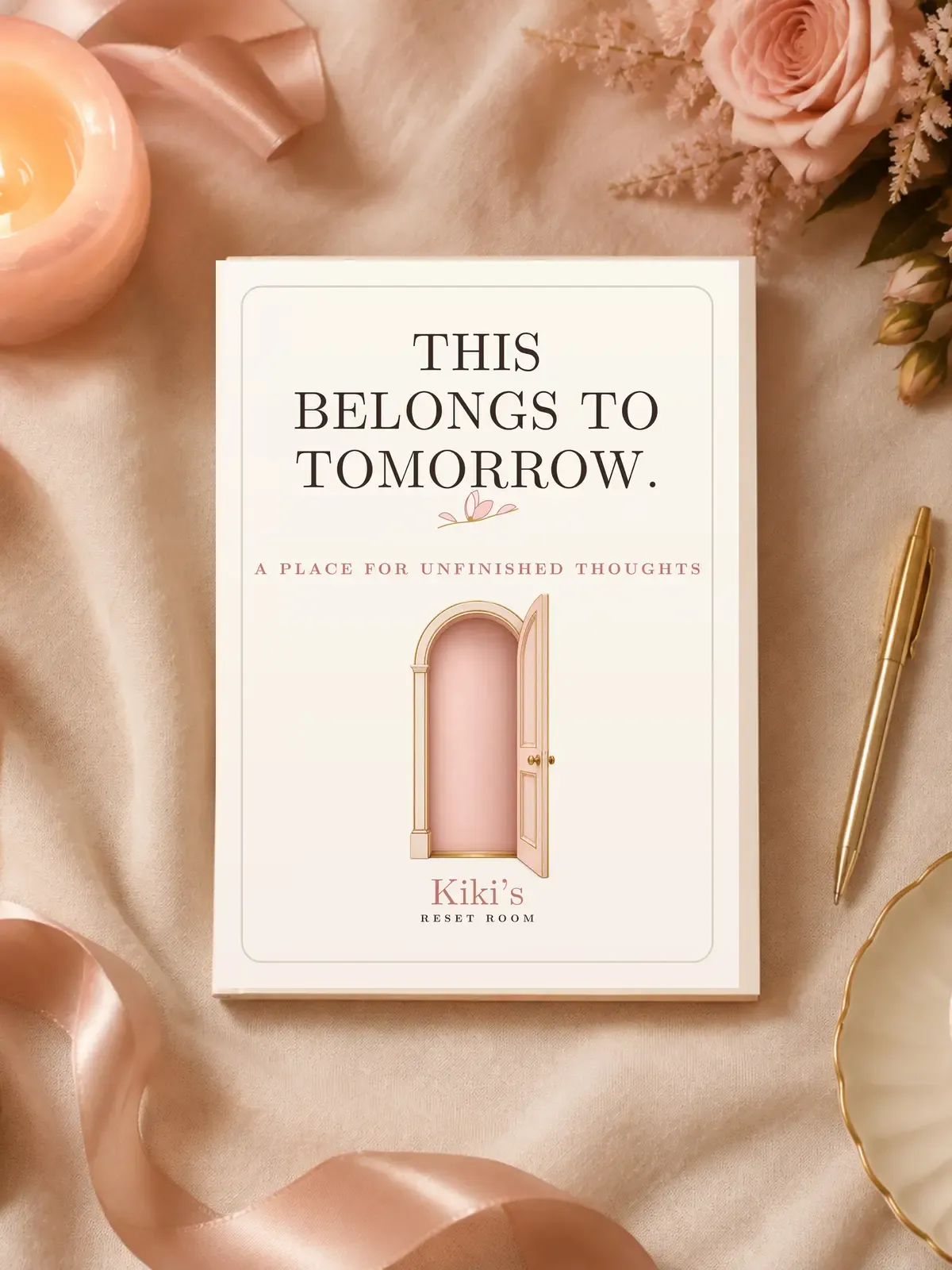 This Belongs to Tomorrow guided reflection journal styled with blush ribbon, a candle, flowers, and a gold pen