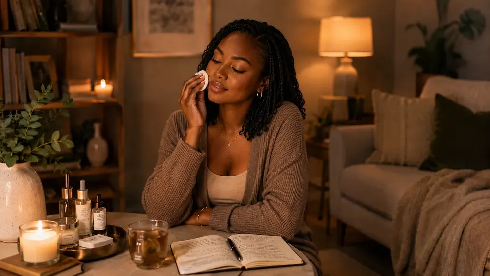 A woman in a cozy evening room doing skincare beside a journal, tea, candle, and beauty products