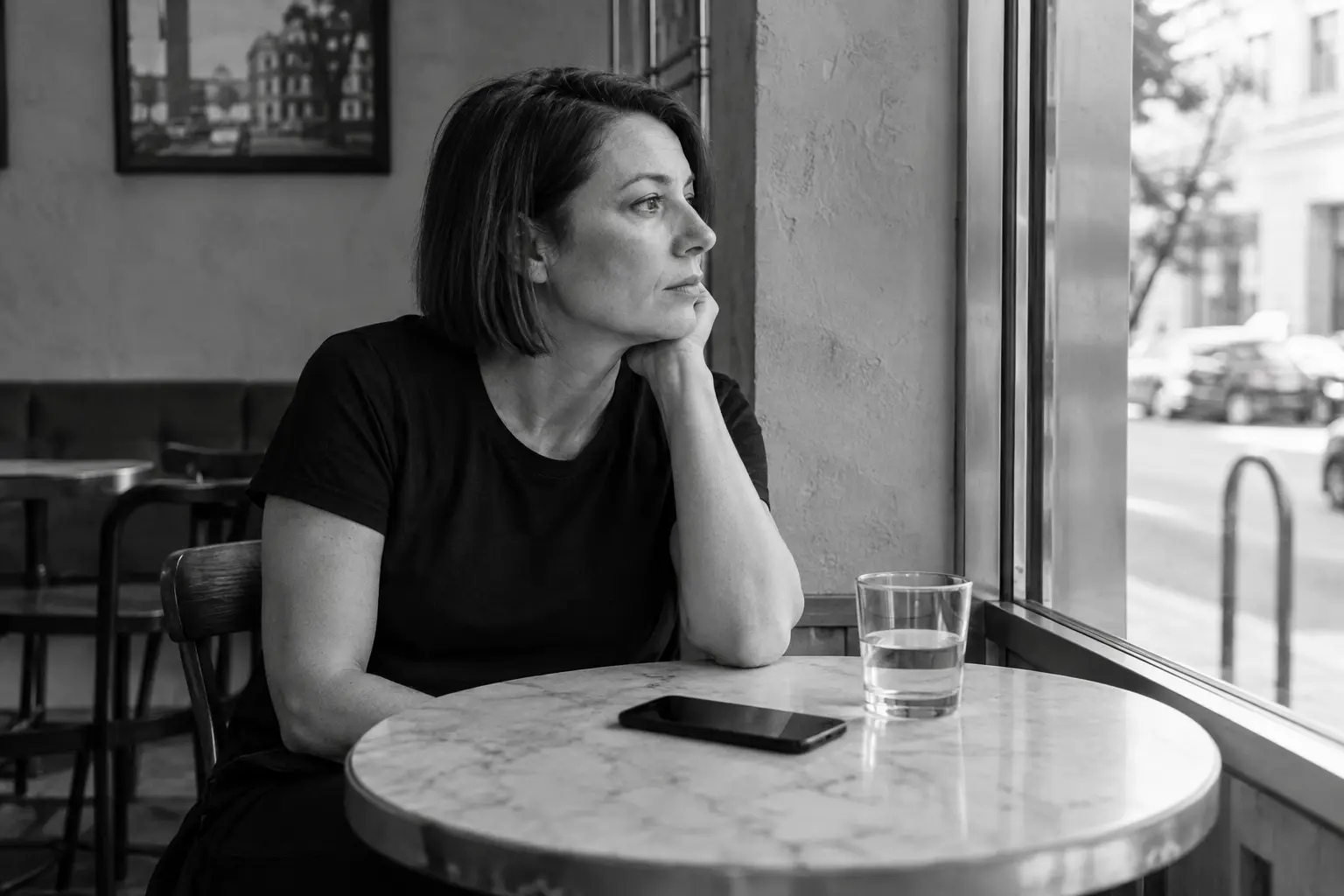 Black-and-white image of a woman looking out a cafe window, with her phone face down on the table.