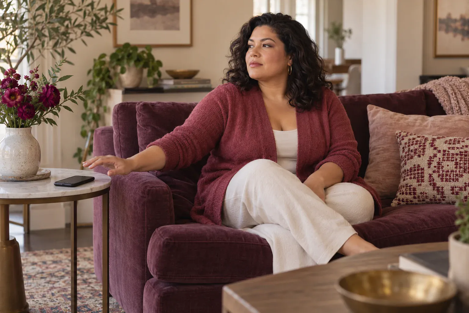 Woman on a plum sofa looking away from a smartphone as she draws her hand back from the side table.