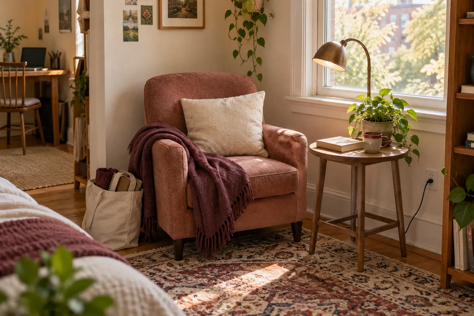A dusty-rose chair beside a window, with a plum throw, reading lamp, small table, and a tote holding supplies.