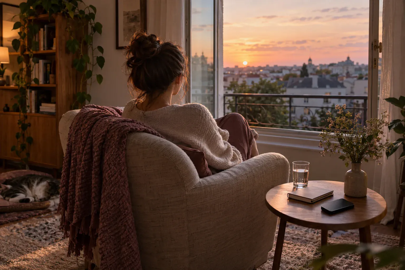 Woman resting in an armchair beside an open window at sunset, with a phone face down and a closed notebook on the side table.