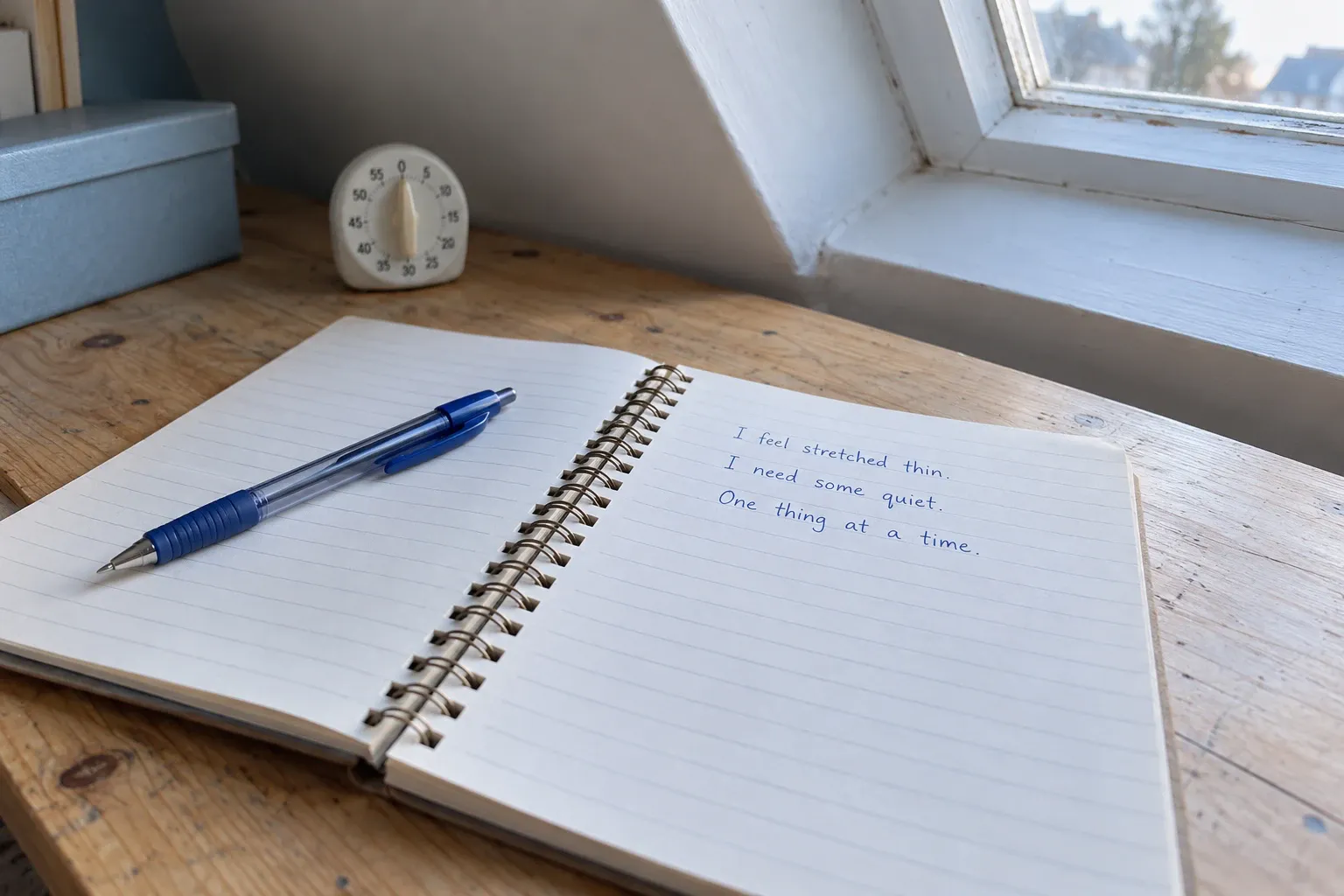 An open notebook by a window reads: I feel stretched thin. I need some quiet. One thing at a time.
