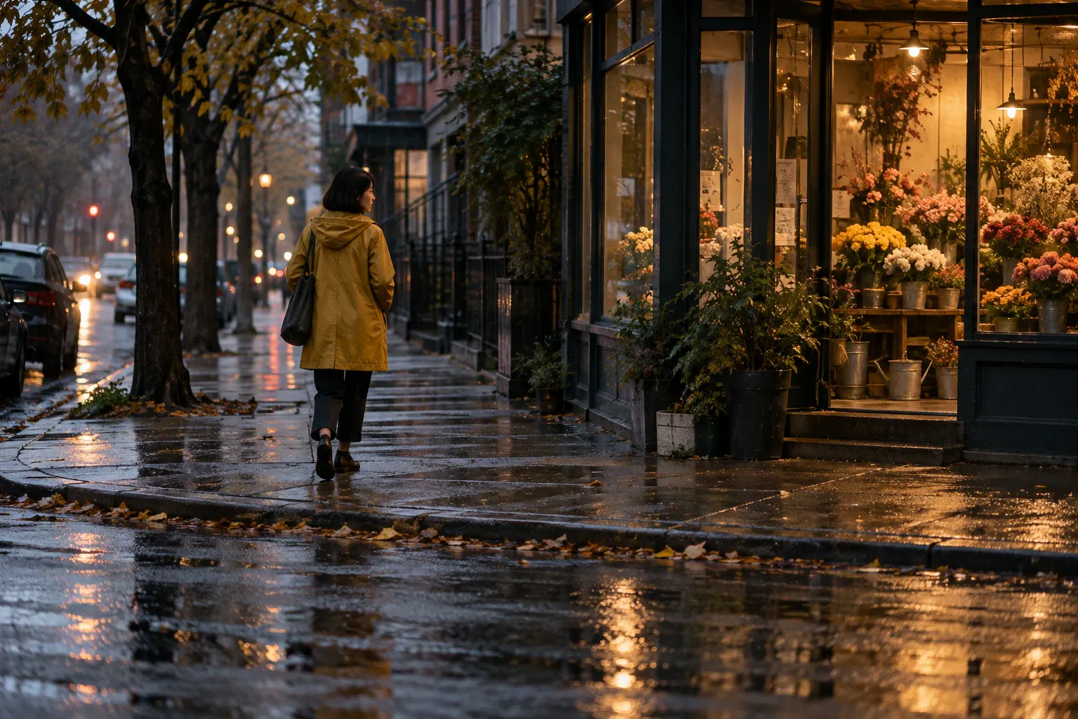 A woman in a yellow raincoat walks along a wet neighborhood sidewalk past a glowing flower-shop window.