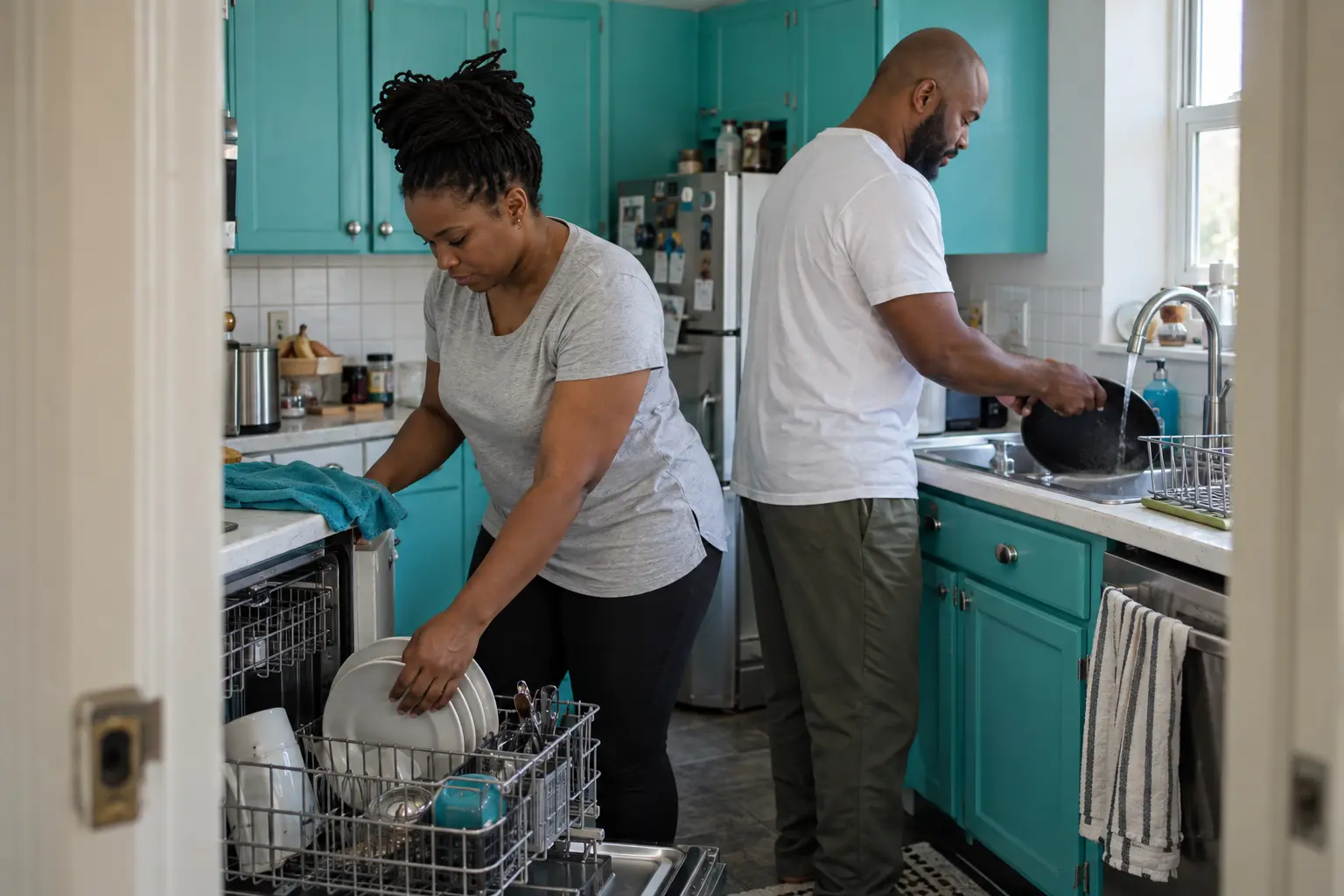 Woman loading a dishwasher while a man rinses a pan in a kitchen with turquoise cabinets.