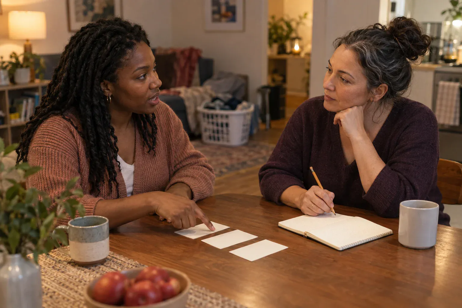 Two women discussing household plans at a dining table with blank cards and a notebook, with a laundry basket in the background.