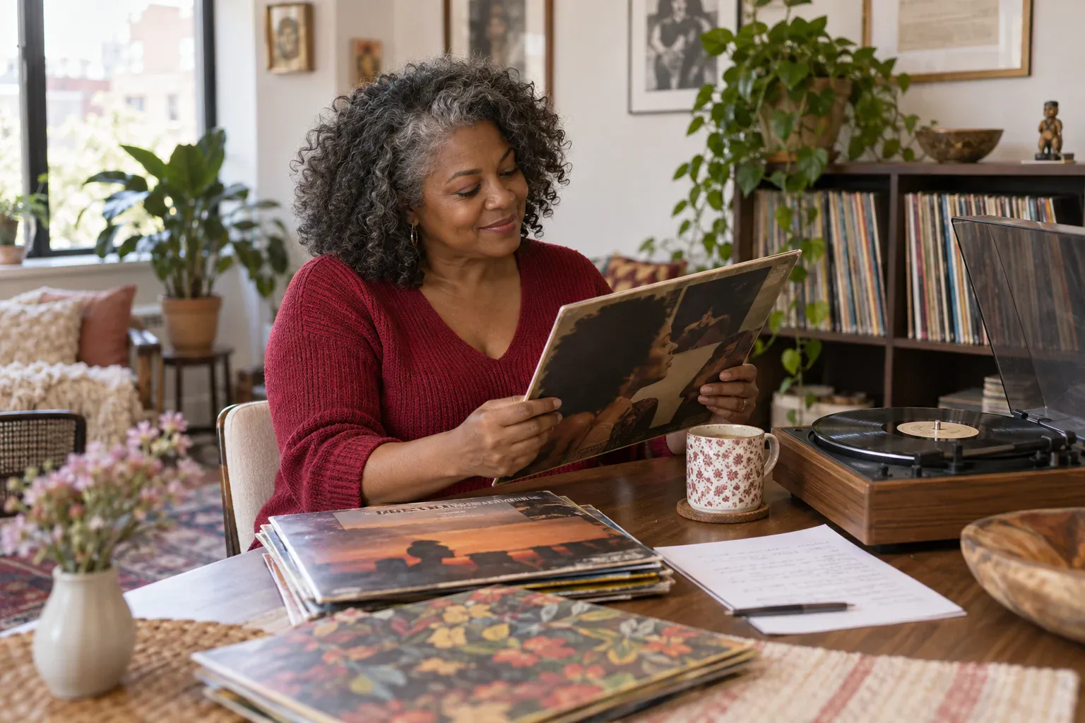 Woman with silver-threaded curls smiling at a record sleeve beside a record player, with a sheet of personal notes on the table.