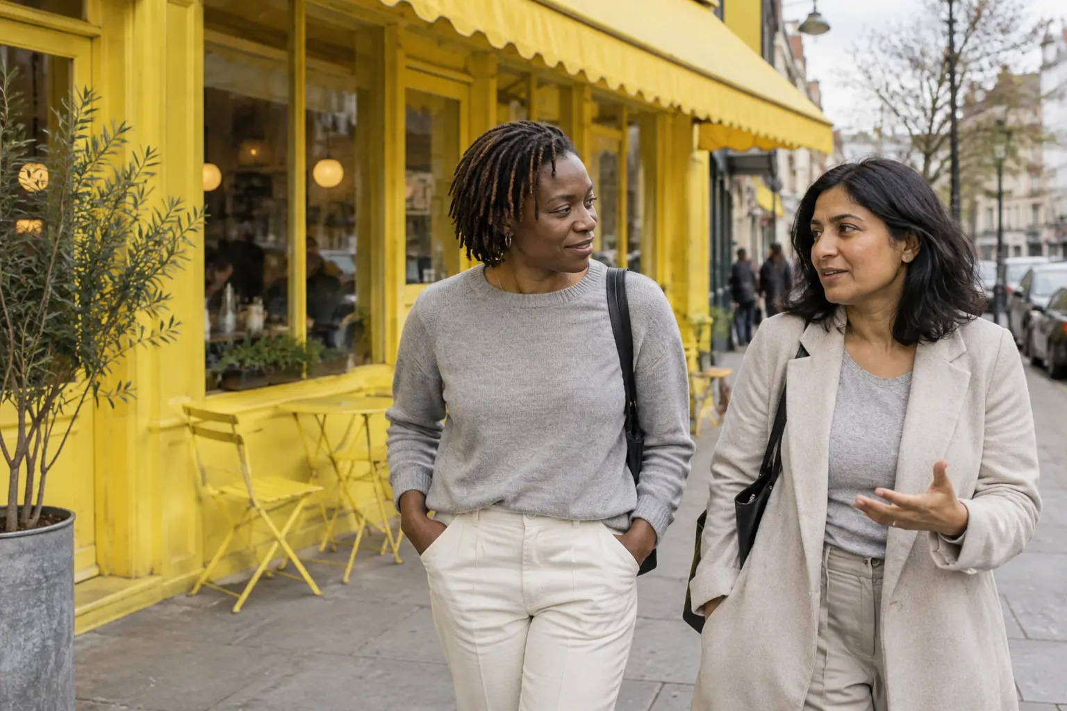 Two women talking as they walk past a cafe with a yellow facade and awning.