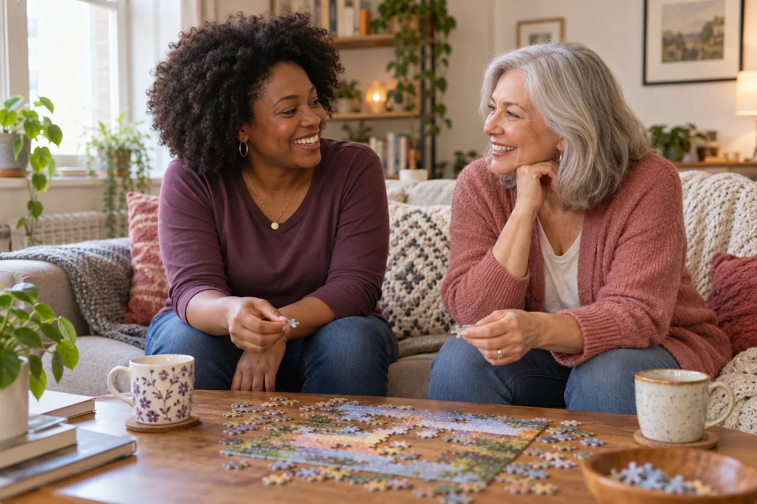 Two women smiling at each other on a sofa while sharing a jigsaw puzzle, with two mugs on the coffee table.