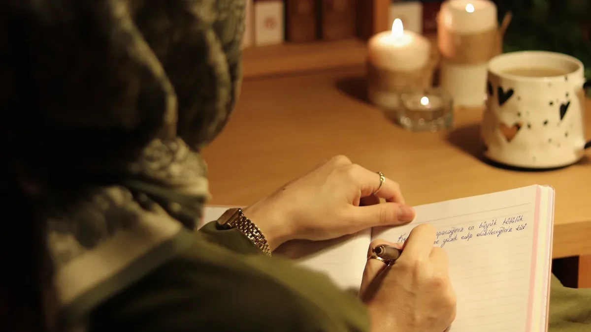 Woman writing in a journal beside warm candles and a mug during a quiet evening reset