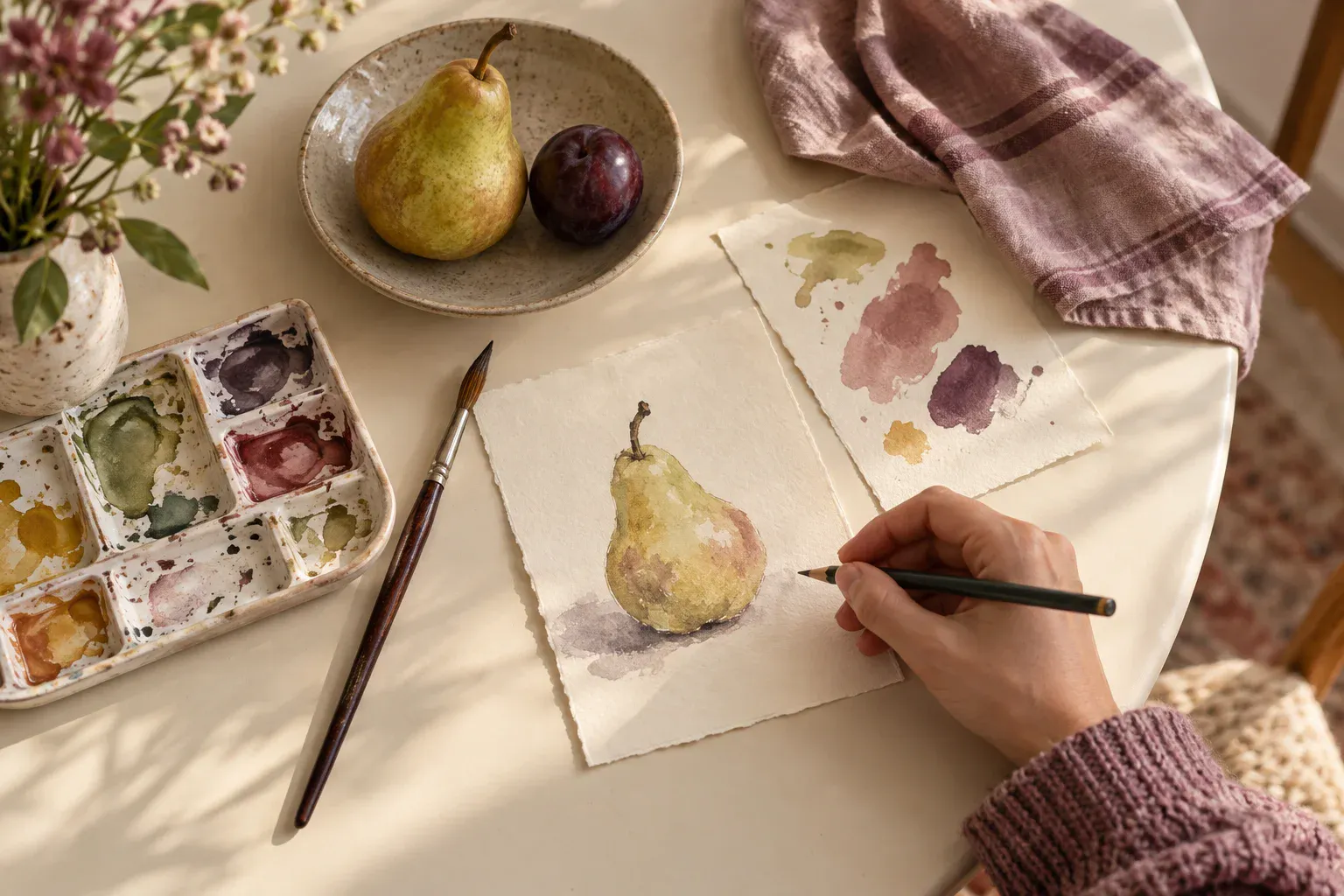 A hand holding a pencil beside a small watercolor of a pear, a used paint palette, fruit, and a plum-colored napkin on a cream table.