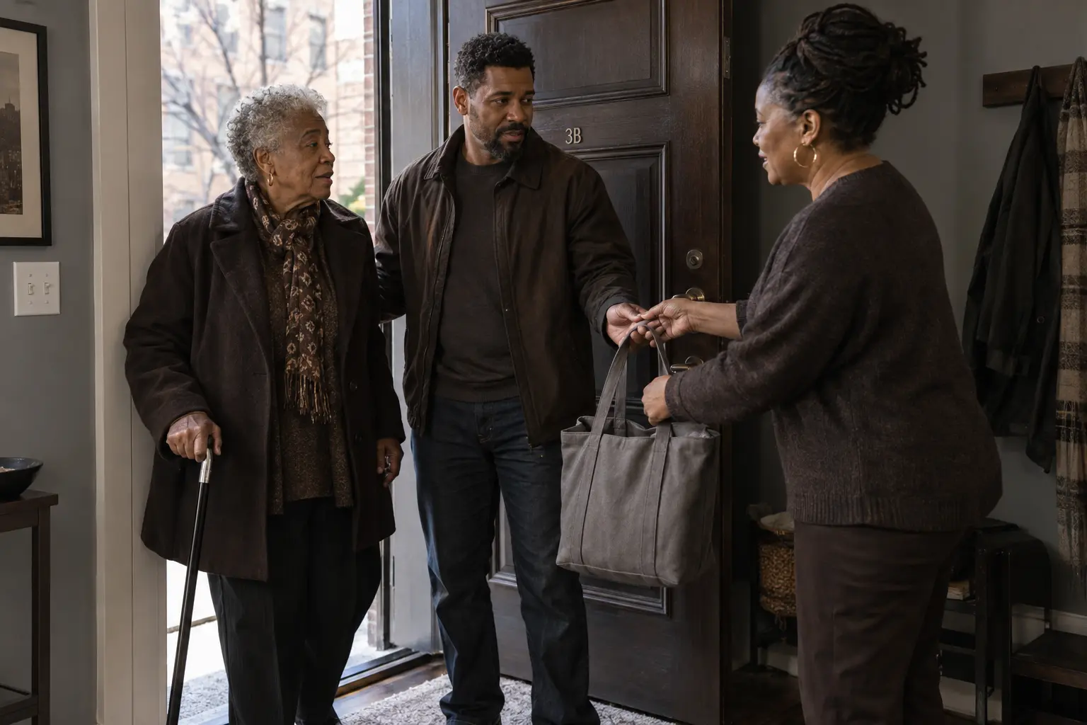 An older woman with a cane waits by an open wooden door while two adults hand over a gray tote.