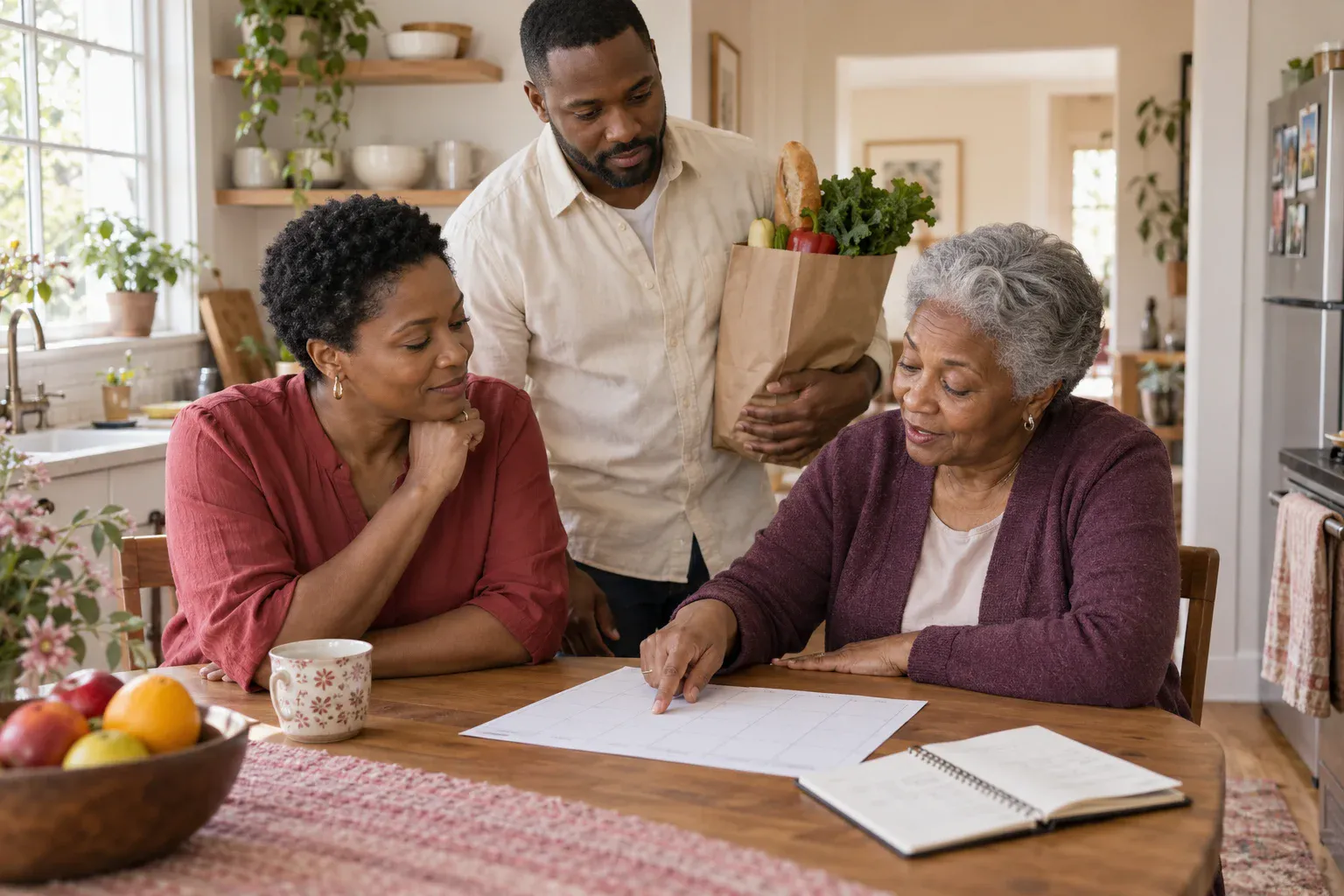Three adults planning together at a kitchen table, with an older woman pointing to a weekly sheet and a man holding groceries.