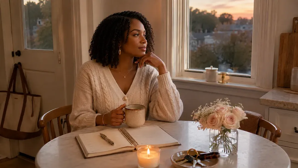 A woman standing by a bright window holding a blue mug and looking out thoughtfully