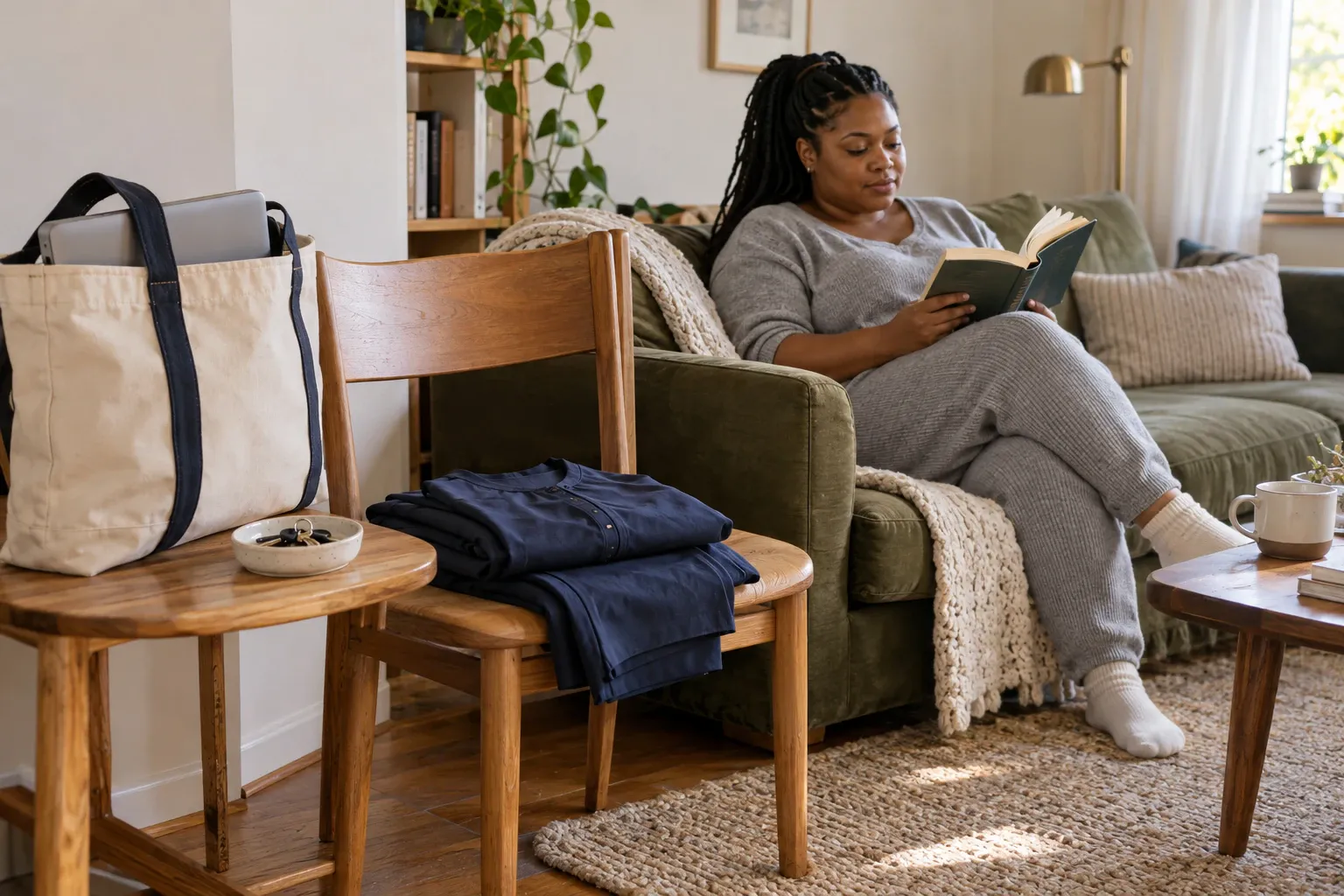 A woman reads on a sofa with a work bag, keys, and a folded navy outfit ready beside her.