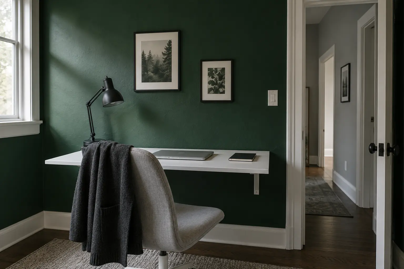 Home workspace with a forest-green wall, a closed laptop on a white desk, and a charcoal cardigan over a gray chair.