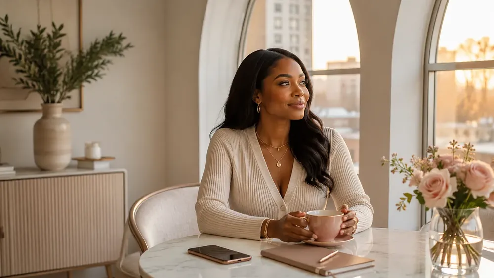 A woman seated with a warm drink and journal while reflecting on what she needs